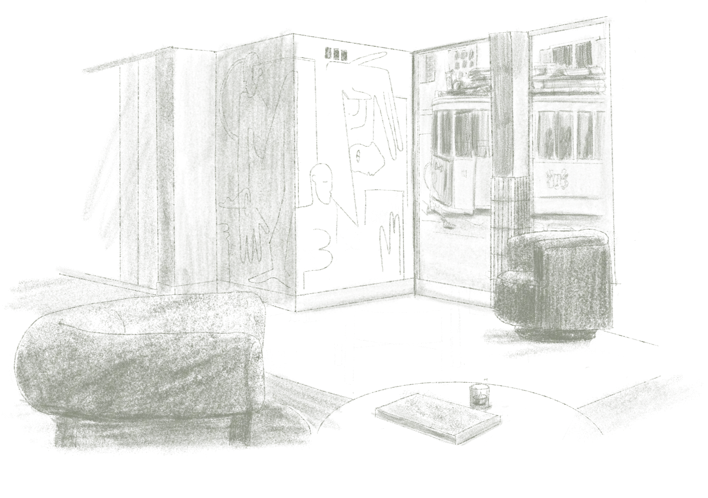 Dessin en noir et blanc d'un intérieur avec un canapé, une table basse, un frigo couvert de graffitis et une porte ouverte sur une autre pièce