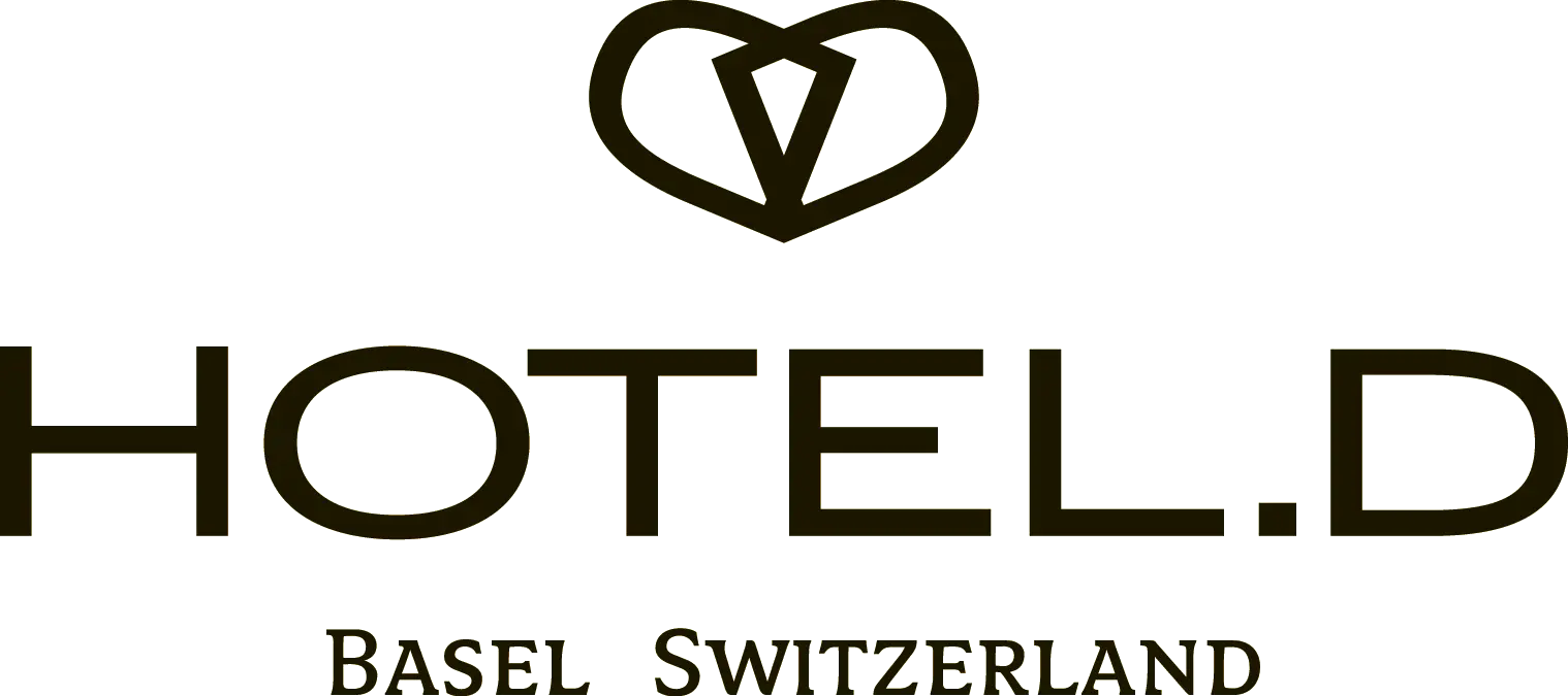 Logo de l'hôtel D à Bâle, Suisse, avec un symbole en forme de cœur contenant la lettre V