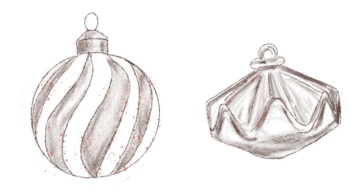 Deux décorations de Noël dessinées : une boule à rayures et une cloche