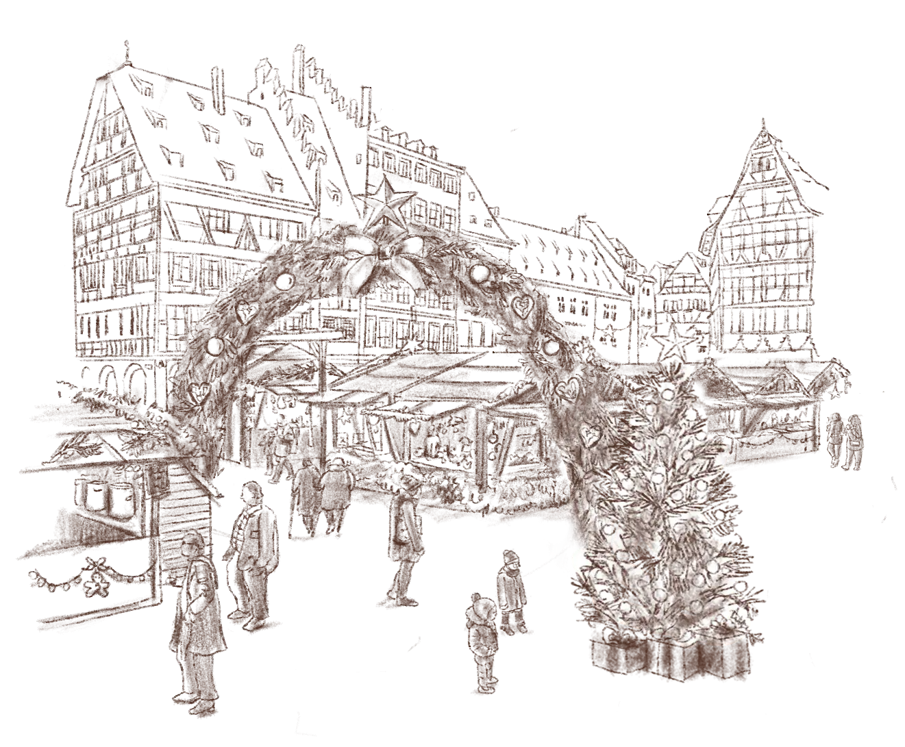 Dessin d'un marché de Noël avec des chalets décorés, des personnes se promenant et des bâtiments traditionnels en arrière-plan