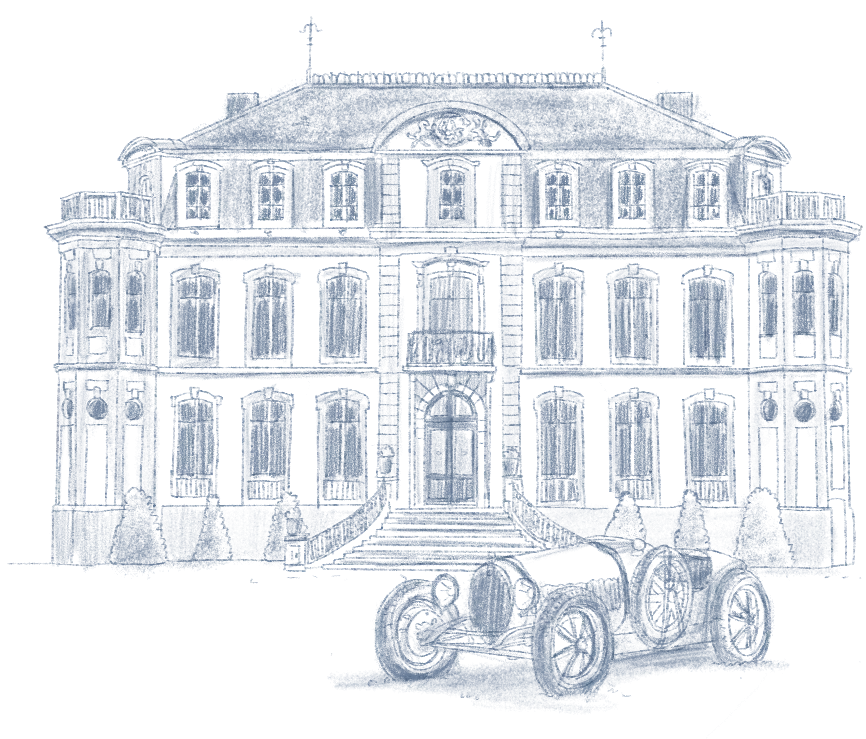 Ancienne voiture devant un grand bâtiment à trois étages avec de nombreuses fenêtres et une entrée centrale