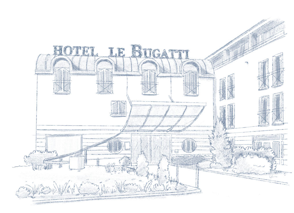 Dessin en noir et blanc d'un bâtiment intitulé "HOTEL LE BUGATTI" avec des fenêtres à volets et une entrée couverte par une marquise