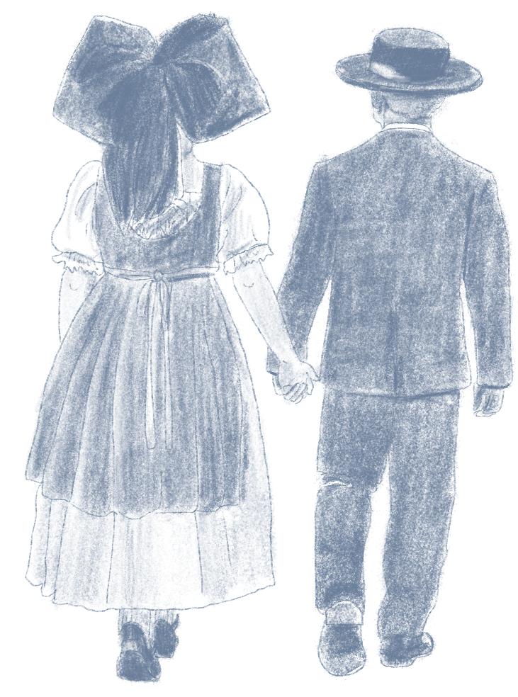 Un homme et une femme habillés de manière traditionnelle se tiennent par la main et marchent de dos